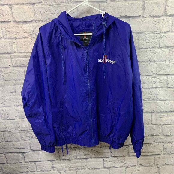Six Flags Employee Blue Windbreaker Hooded Lightweight Jacket Size XS - Picture 1 of 6